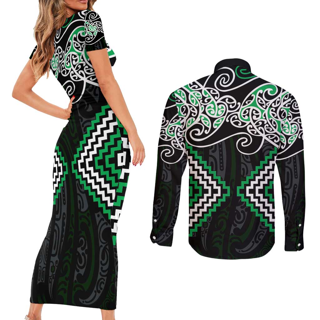Green Aotearoa Tukutuku Manawa Tapu Couples Matching Short Sleeve Bodycon Dress and Long Sleeve Button Shirt Ta Moko Toi Maori