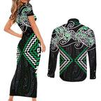 Green Aotearoa Tukutuku Manawa Tapu Couples Matching Short Sleeve Bodycon Dress and Long Sleeve Button Shirt Ta Moko Toi Maori