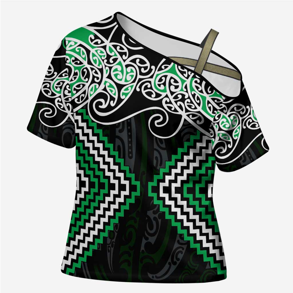 Green Aotearoa Tukutuku Manawa Tapu Cross Shoulder Shirt Ta Moko Toi Maori - Aussie Hoodie