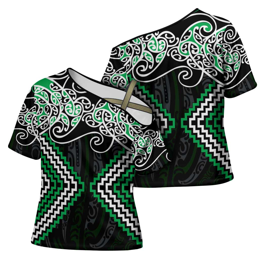 Green Aotearoa Tukutuku Manawa Tapu Cross Shoulder Shirt Ta Moko Toi Maori - Aussie Hoodie