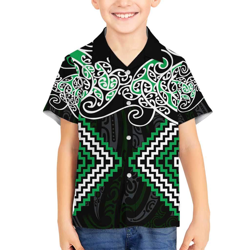 Green Aotearoa Tukutuku Manawa Tapu Family Matching Long Sleeve Bodycon Dress and Hawaiian Shirt Ta Moko Toi Maori