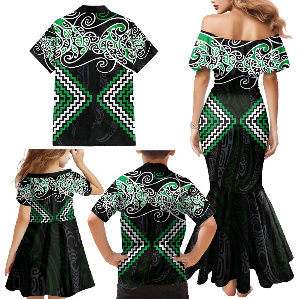 Green Aotearoa Tukutuku Manawa Tapu Family Matching Mermaid Dress and Hawaiian Shirt Ta Moko Toi Maori