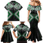 Green Aotearoa Tukutuku Manawa Tapu Family Matching Mermaid Dress and Hawaiian Shirt Ta Moko Toi Maori