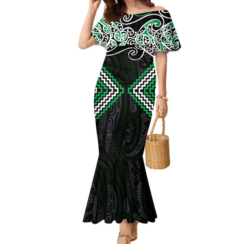 Green Aotearoa Tukutuku Manawa Tapu Family Matching Mermaid Dress and Hawaiian Shirt Ta Moko Toi Maori