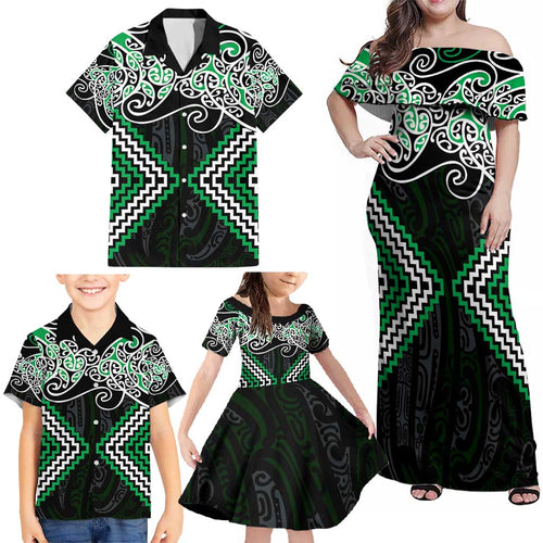 Green Aotearoa Tukutuku Manawa Tapu Family Matching Off Shoulder Maxi Dress and Hawaiian Shirt Ta Moko Toi Maori