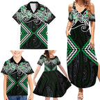 Green Aotearoa Tukutuku Manawa Tapu Family Matching Summer Maxi Dress and Hawaiian Shirt Ta Moko Toi Maori