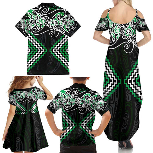 Green Aotearoa Tukutuku Manawa Tapu Family Matching Summer Maxi Dress and Hawaiian Shirt Ta Moko Toi Maori