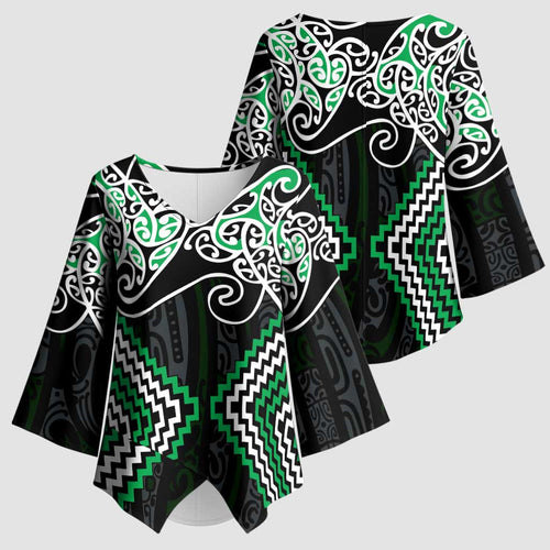 Green Aotearoa Tukutuku Manawa Tapu Kimono Sleeve Blouse Ta Moko Toi Maori - Aussie Hoodie