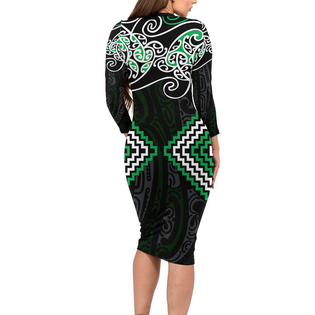 Green Aotearoa Tukutuku Manawa Tapu Long Sleeve Bodycon Dress Ta Moko Toi Maori