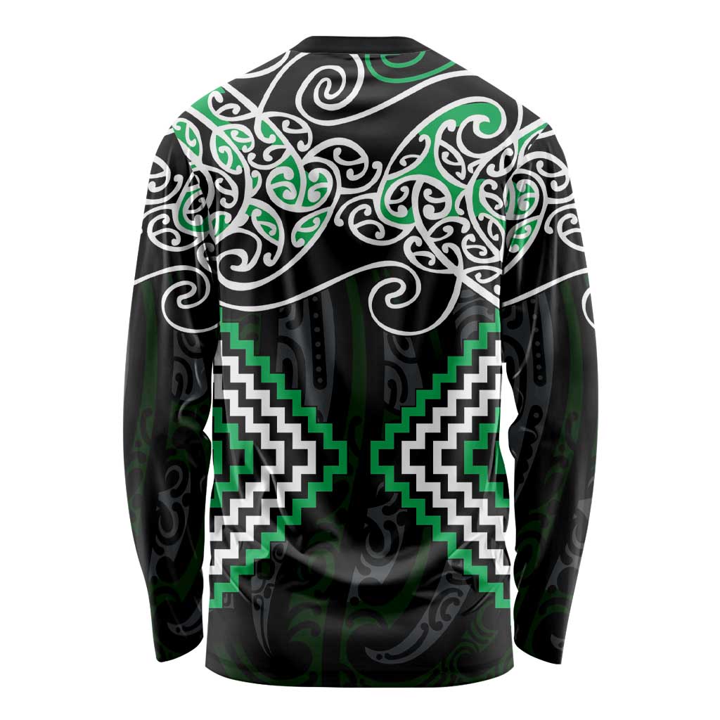 Green Aotearoa Tukutuku Manawa Tapu Long Sleeve Shirt Ta Moko Toi Maori
