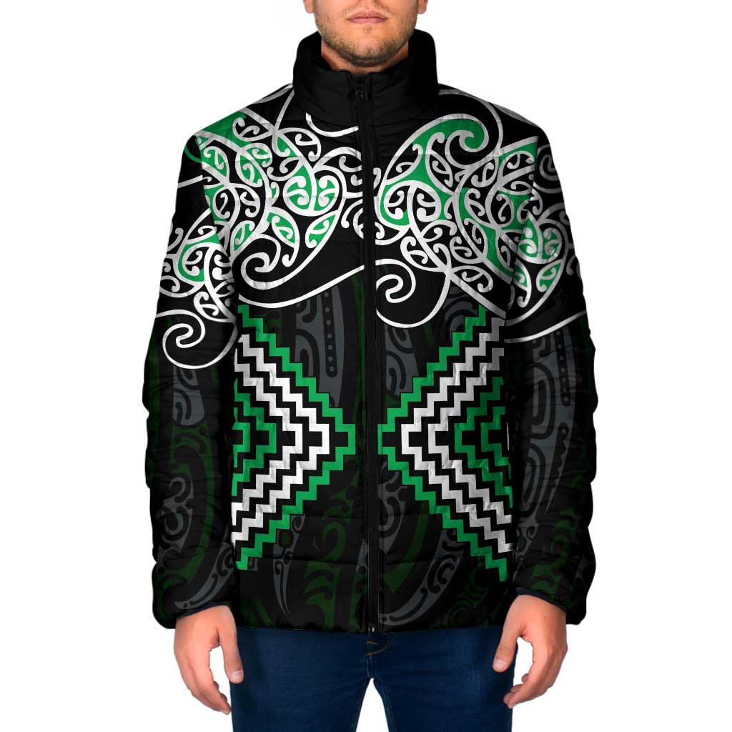 Green Aotearoa Tukutuku Manawa Tapu Padded Jacket Ta Moko Toi Maori - Aussie Hoodie
