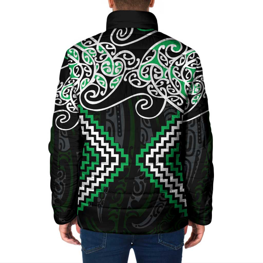 Green Aotearoa Tukutuku Manawa Tapu Padded Jacket Ta Moko Toi Maori - Aussie Hoodie