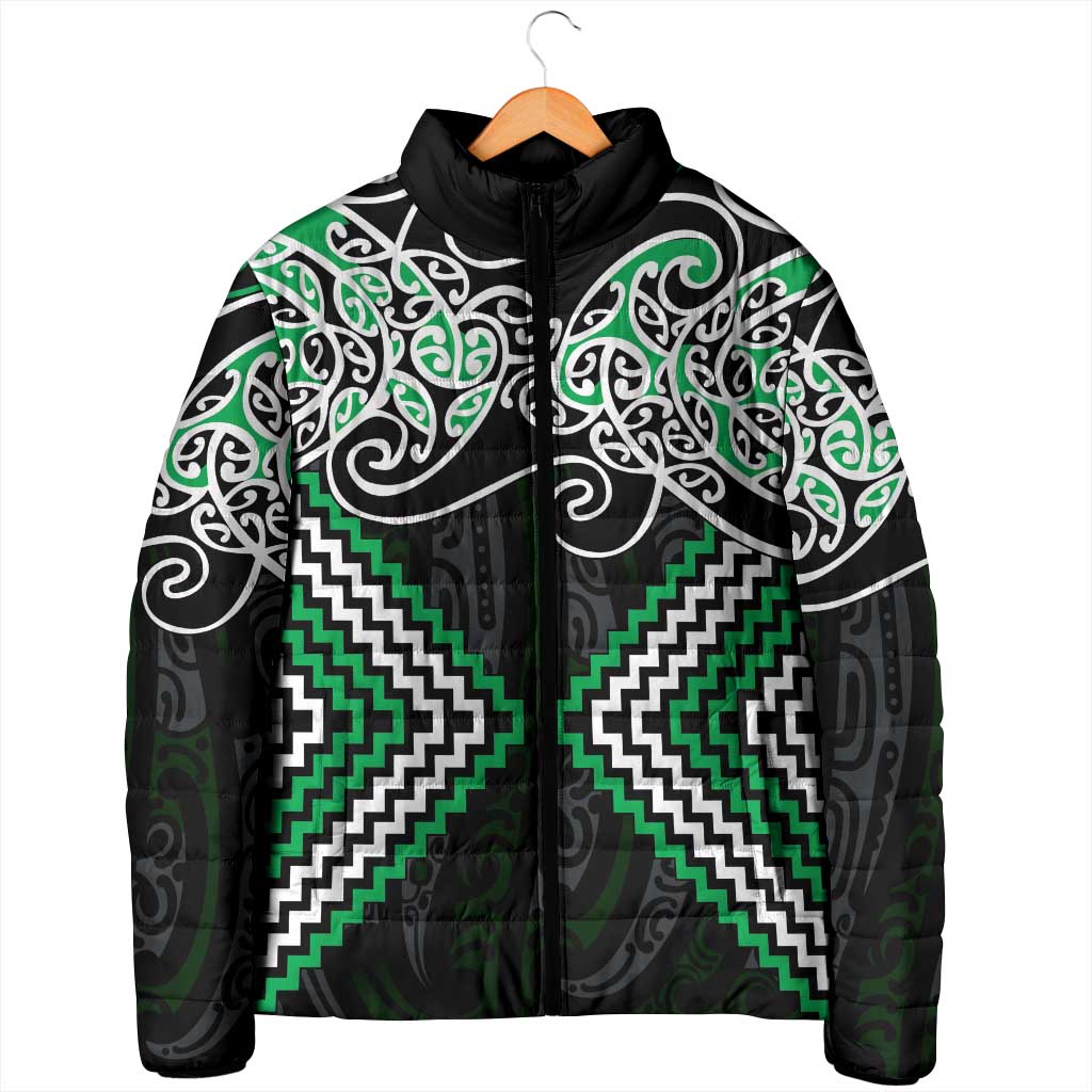 Green Aotearoa Tukutuku Manawa Tapu Padded Jacket Ta Moko Toi Maori - Aussie Hoodie