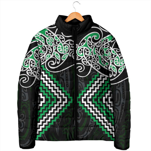 Green Aotearoa Tukutuku Manawa Tapu Padded Jacket Ta Moko Toi Maori - Aussie Hoodie