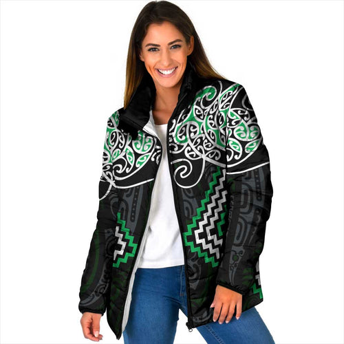 Green Aotearoa Tukutuku Manawa Tapu Padded Jacket Ta Moko Toi Maori - Aussie Hoodie