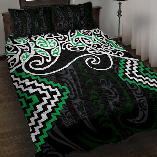 Green Aotearoa Tukutuku Manawa Tapu Quilt Bed Set Ta Moko Toi Maori