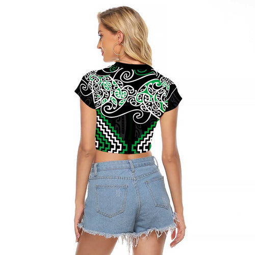 Green Aotearoa Tukutuku Manawa Tapu Raglan Cropped T Shirt Ta Moko Toi Maori