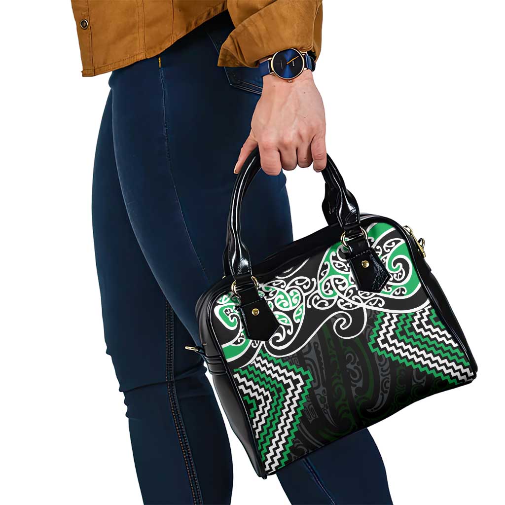 Green Aotearoa Tukutuku Manawa Tapu Shoulder Handbag Ta Moko Toi Maori