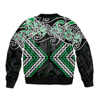 Green Aotearoa Tukutuku Manawa Tapu Sleeve Zip Bomber Jacket Ta Moko Toi Maori
