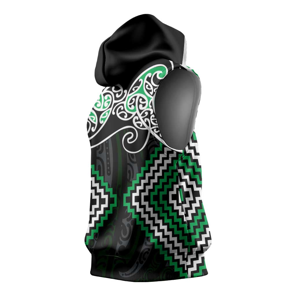 Green Aotearoa Tukutuku Manawa Tapu Sleeveless Hoodie Ta Moko Toi Maori - Aussie Hoodie