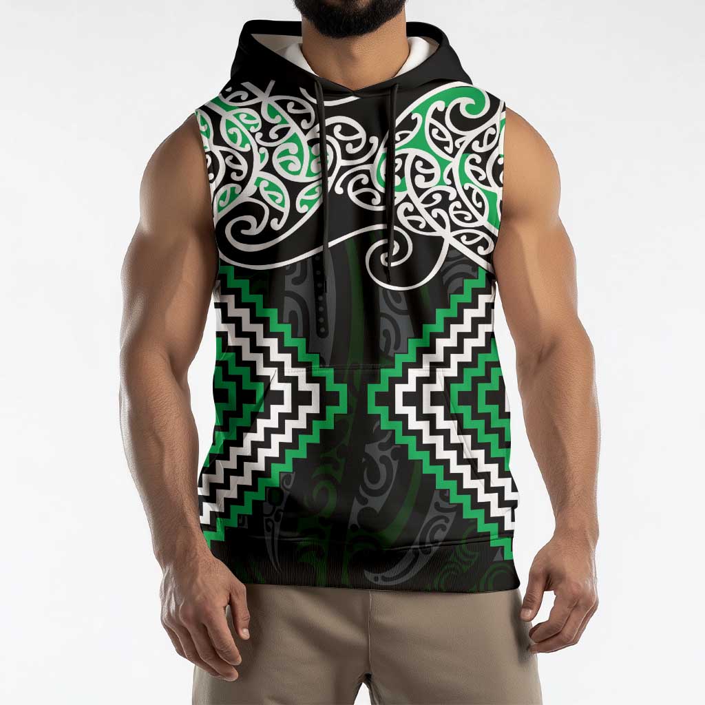 Green Aotearoa Tukutuku Manawa Tapu Sleeveless Hoodie Ta Moko Toi Maori - Aussie Hoodie