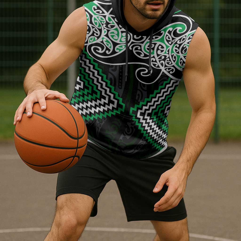 Green Aotearoa Tukutuku Manawa Tapu Sleeveless Hoodie Ta Moko Toi Maori - Aussie Hoodie