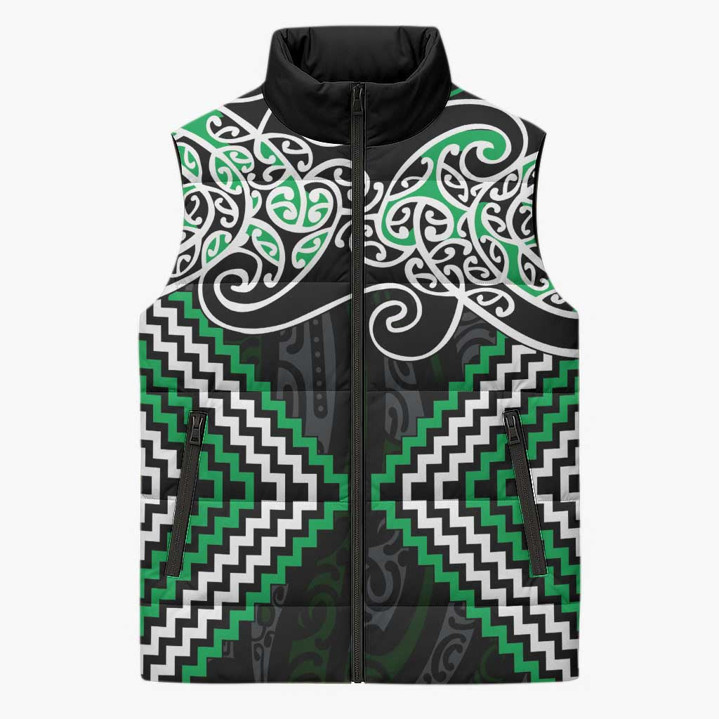 Green Aotearoa Tukutuku Manawa Tapu Sleeveless Puffer Jacket Ta Moko Toi Maori - Aussie Hoodie