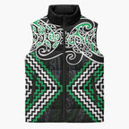 Green Aotearoa Tukutuku Manawa Tapu Sleeveless Puffer Jacket Ta Moko Toi Maori - Aussie Hoodie
