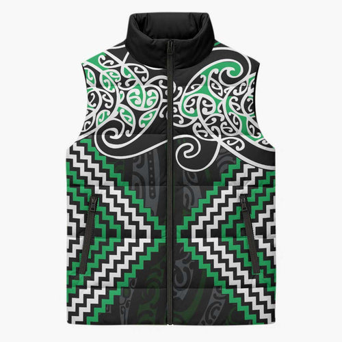 Green Aotearoa Tukutuku Manawa Tapu Sleeveless Puffer Jacket Ta Moko Toi Maori - Aussie Hoodie