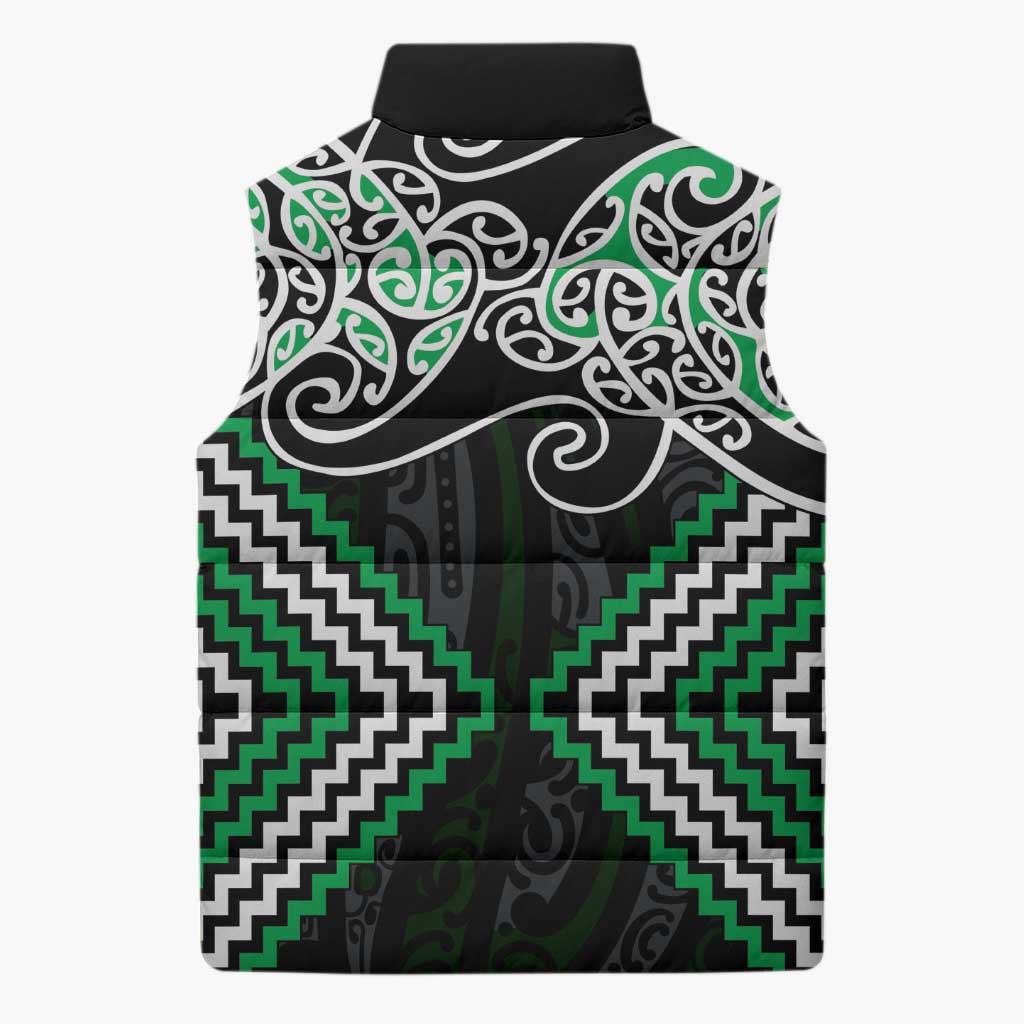 Green Aotearoa Tukutuku Manawa Tapu Sleeveless Puffer Jacket Ta Moko Toi Maori - Aussie Hoodie