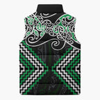Green Aotearoa Tukutuku Manawa Tapu Sleeveless Puffer Jacket Ta Moko Toi Maori - Aussie Hoodie