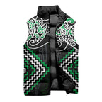 Green Aotearoa Tukutuku Manawa Tapu Sleeveless Puffer Jacket Ta Moko Toi Maori - Aussie Hoodie