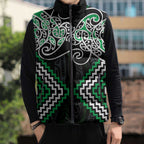 Green Aotearoa Tukutuku Manawa Tapu Sleeveless Puffer Jacket Ta Moko Toi Maori - Aussie Hoodie