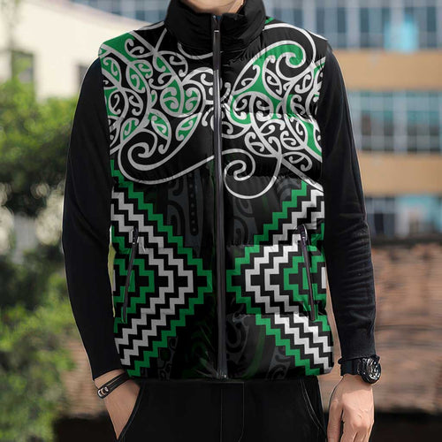 Green Aotearoa Tukutuku Manawa Tapu Sleeveless Puffer Jacket Ta Moko Toi Maori - Aussie Hoodie