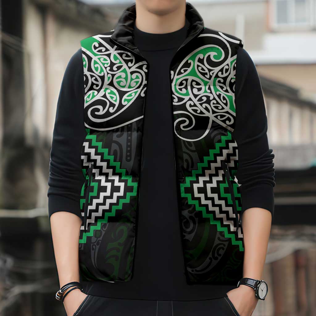 Green Aotearoa Tukutuku Manawa Tapu Sleeveless Puffer Jacket Ta Moko Toi Maori - Aussie Hoodie