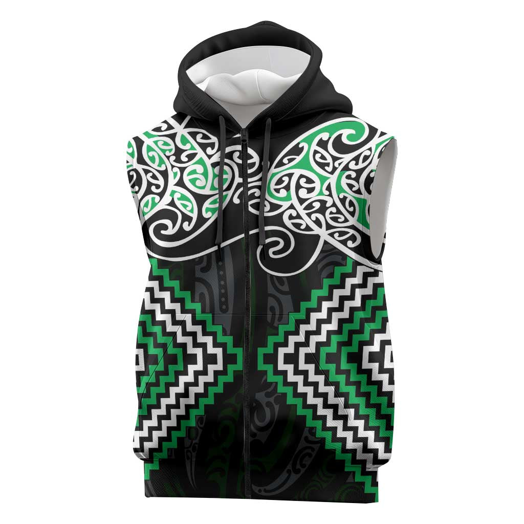 Green Aotearoa Tukutuku Manawa Tapu Sleeveless Zip Hoodie Ta Moko Toi Maori LT9