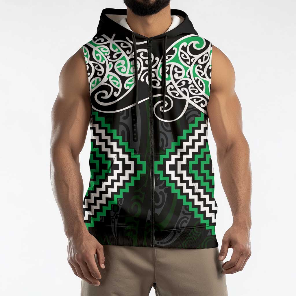 Green Aotearoa Tukutuku Manawa Tapu Sleeveless Zip Hoodie Ta Moko Toi Maori LT9
