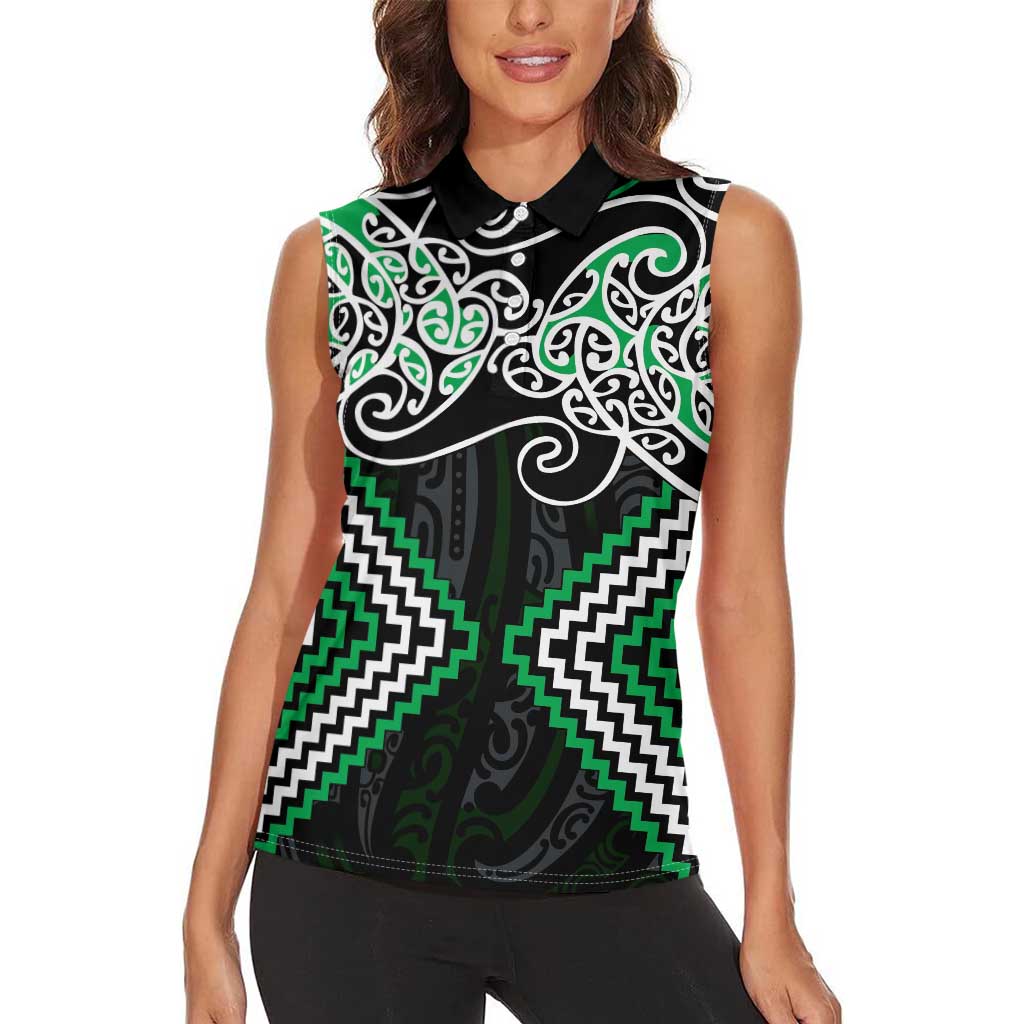 Green Aotearoa Tukutuku Manawa Tapu Women Sleeveless Polo Shirt Ta Moko Toi Maori