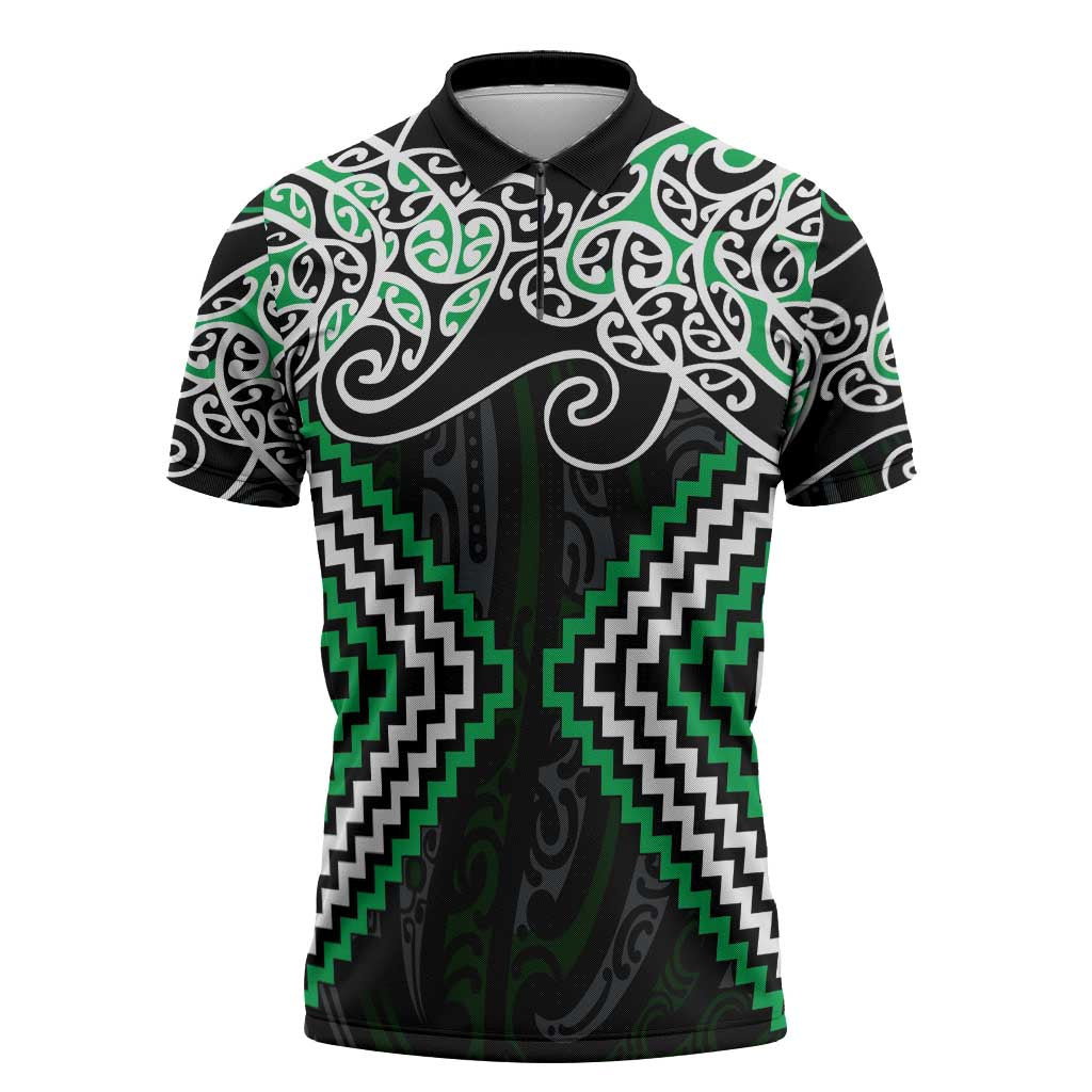 Green Aotearoa Tukutuku Manawa Tapu Zipper Polo Shirt Ta Moko Toi Maori - Aussie Hoodie
