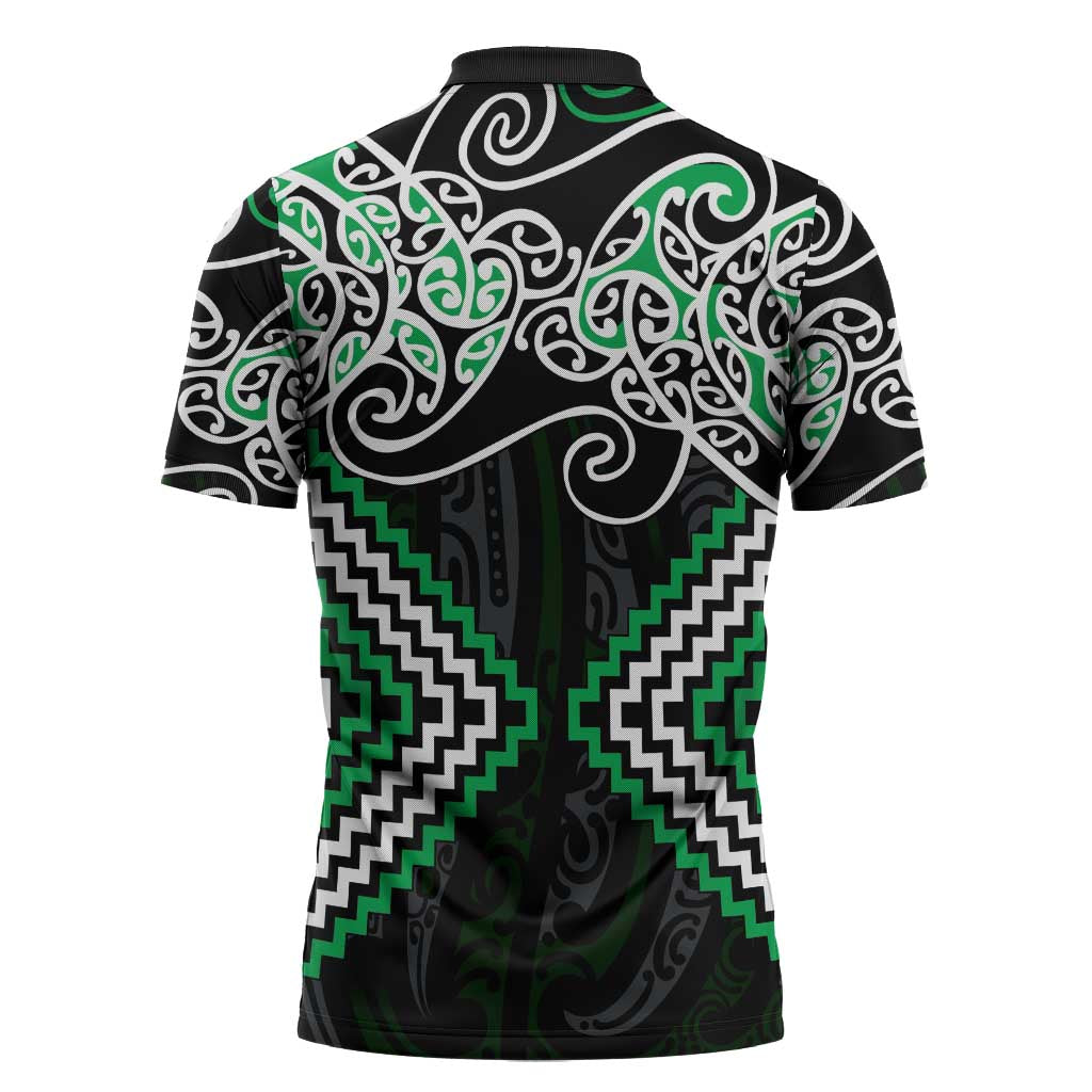 Green Aotearoa Tukutuku Manawa Tapu Zipper Polo Shirt Ta Moko Toi Maori - Aussie Hoodie