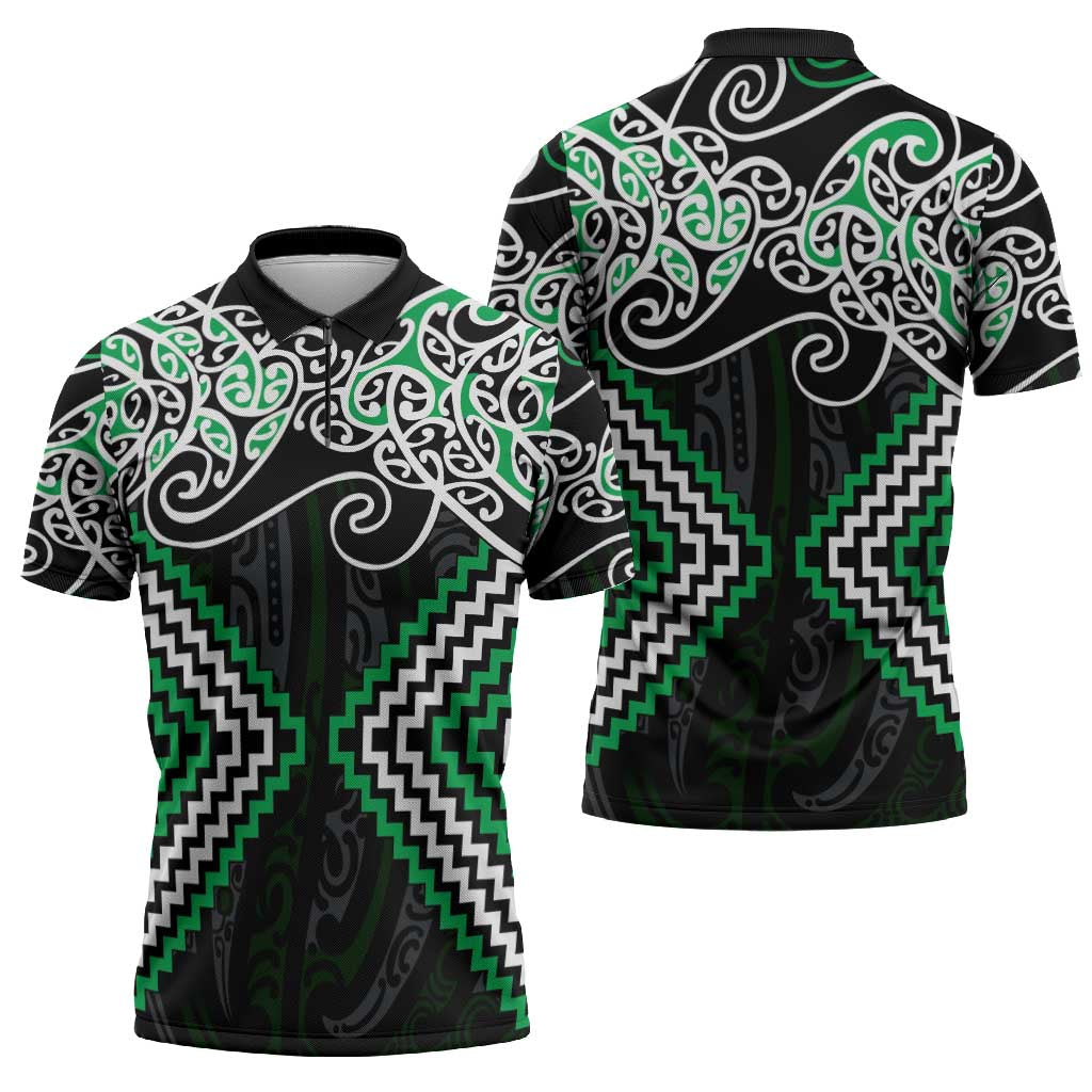 Green Aotearoa Tukutuku Manawa Tapu Zipper Polo Shirt Ta Moko Toi Maori - Aussie Hoodie