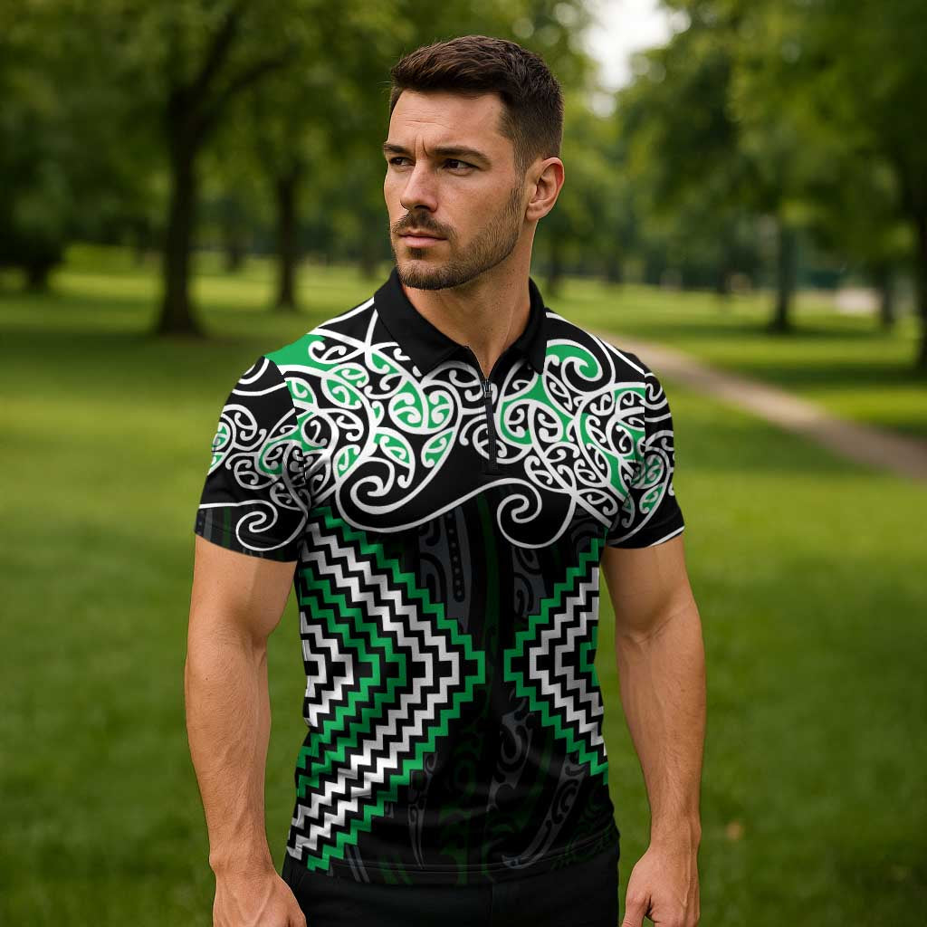 Green Aotearoa Tukutuku Manawa Tapu Zipper Polo Shirt Ta Moko Toi Maori - Aussie Hoodie