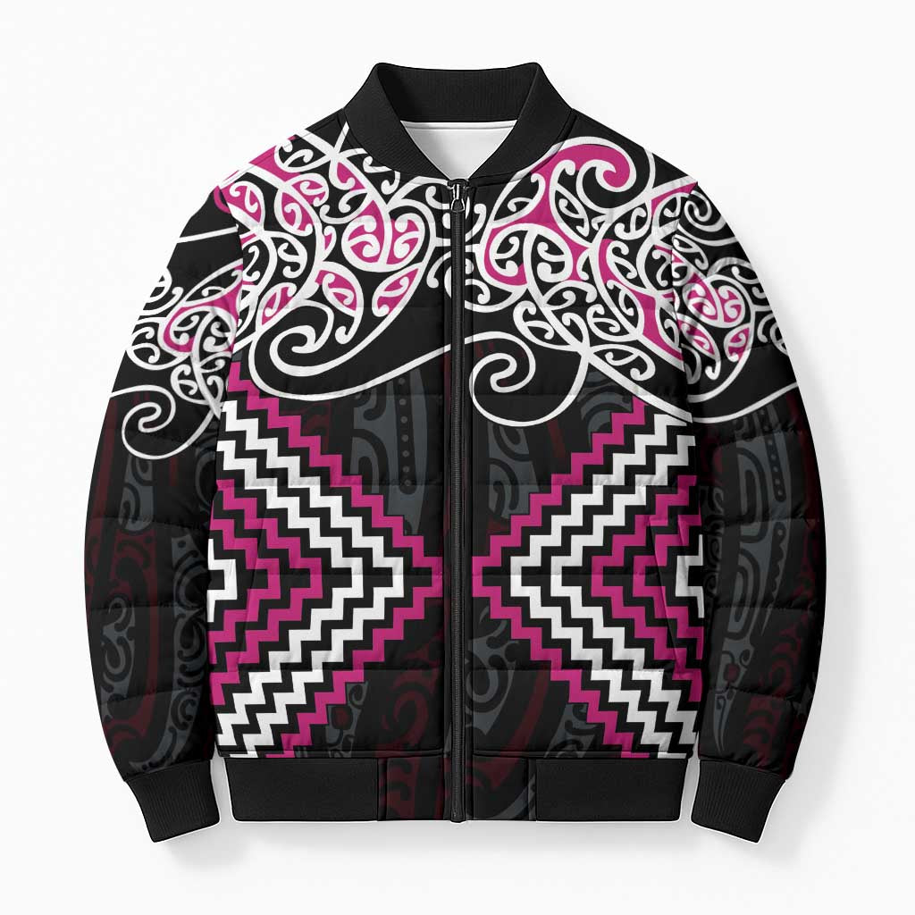 Pink Aotearoa Tukutuku Manawa Tapu Bomber Puffer Jacket Ta Moko Toi Maori - Aussie Hoodie