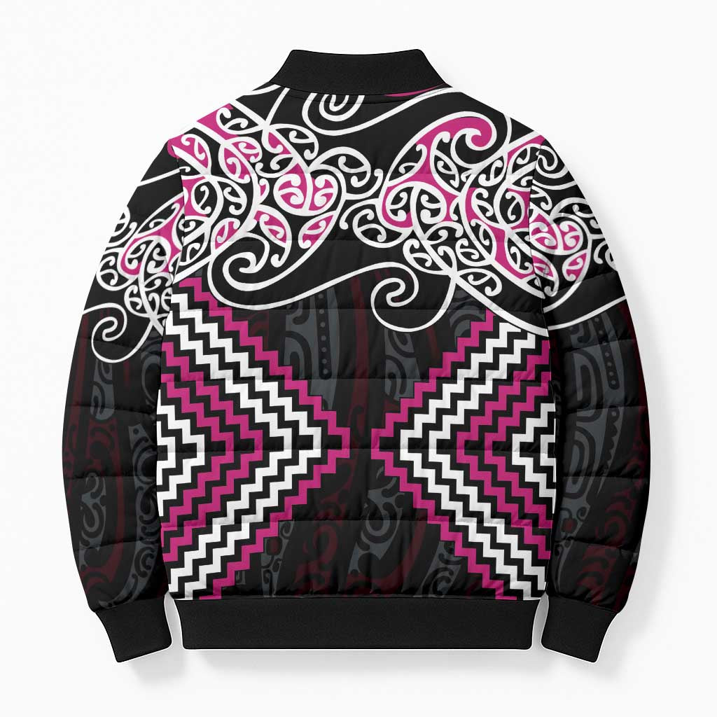 Pink Aotearoa Tukutuku Manawa Tapu Bomber Puffer Jacket Ta Moko Toi Maori - Aussie Hoodie