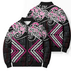 Pink Aotearoa Tukutuku Manawa Tapu Bomber Puffer Jacket Ta Moko Toi Maori - Aussie Hoodie