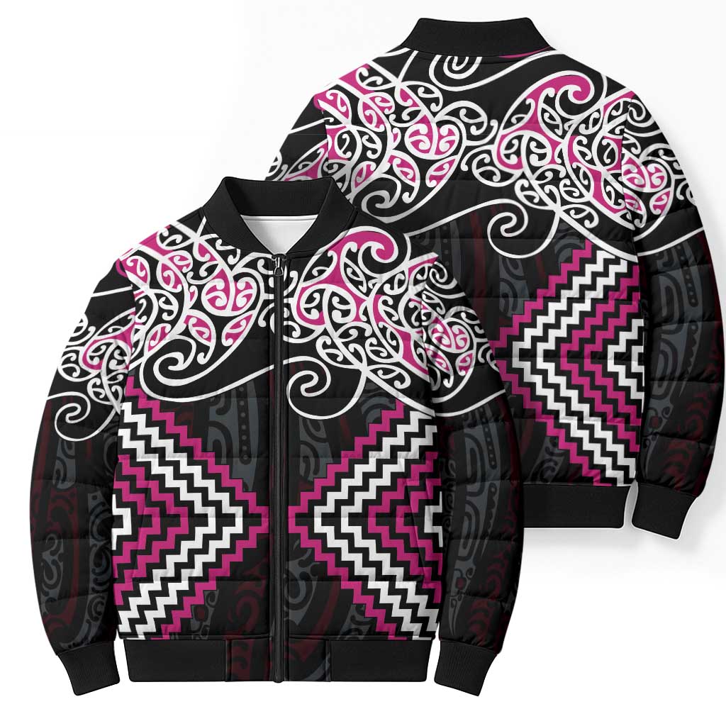 Pink Aotearoa Tukutuku Manawa Tapu Bomber Puffer Jacket Ta Moko Toi Maori - Aussie Hoodie