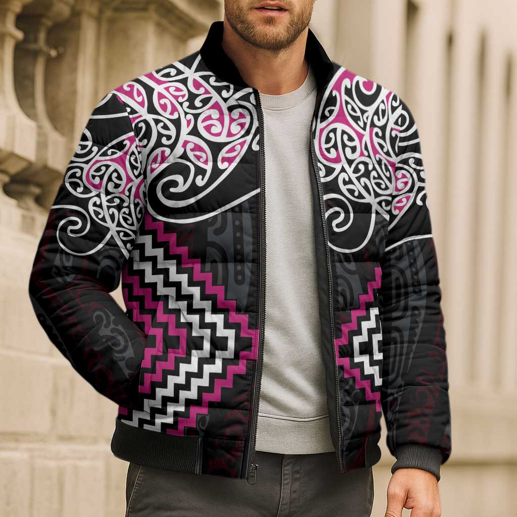 Pink Aotearoa Tukutuku Manawa Tapu Bomber Puffer Jacket Ta Moko Toi Maori - Aussie Hoodie