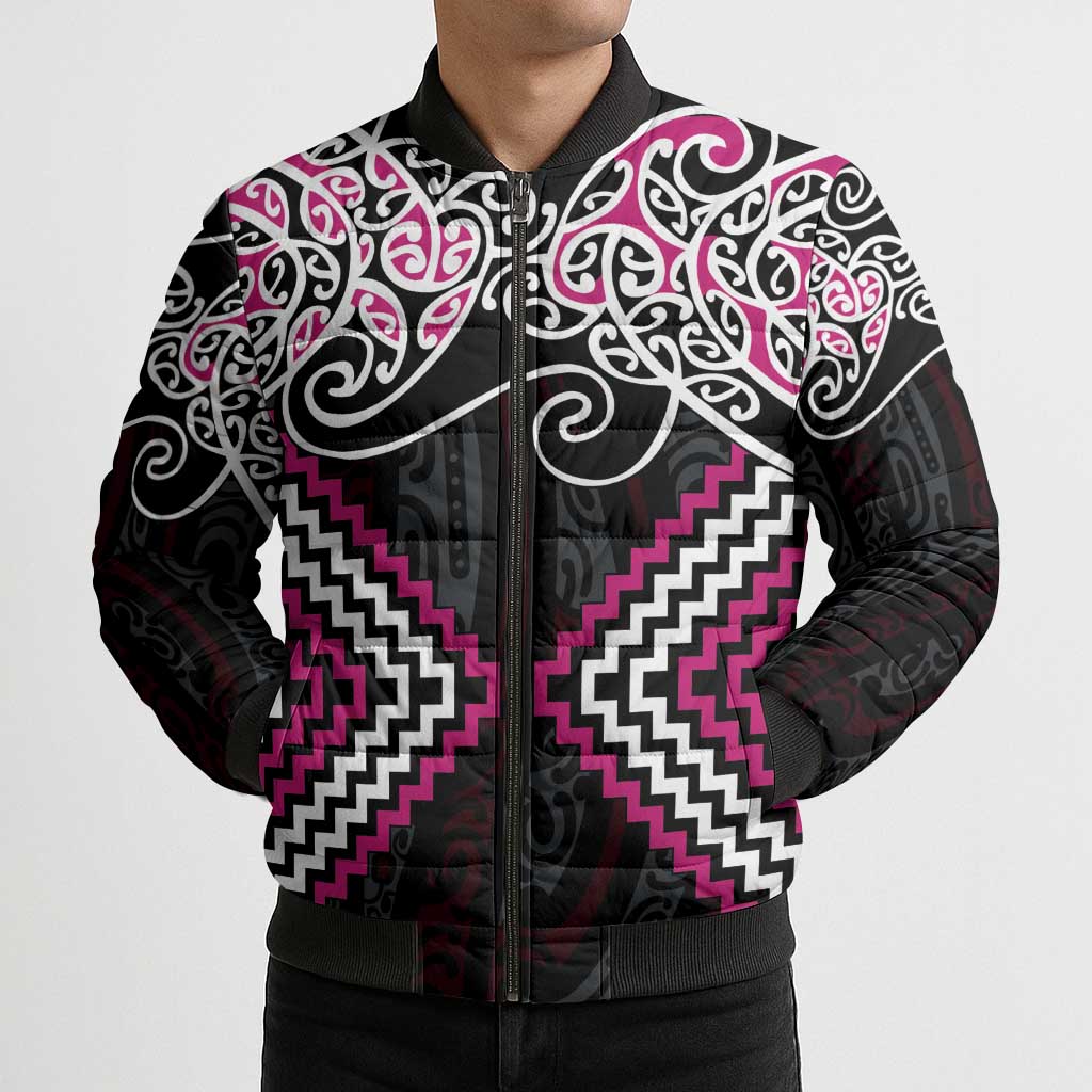 Pink Aotearoa Tukutuku Manawa Tapu Bomber Puffer Jacket Ta Moko Toi Maori - Aussie Hoodie
