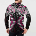 Pink Aotearoa Tukutuku Manawa Tapu Button Sweatshirt Ta Moko Toi Maori