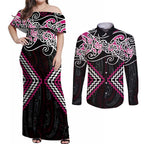 Pink Aotearoa Tukutuku Manawa Tapu Couples Matching Off Shoulder Maxi Dress and Long Sleeve Button Shirt Ta Moko Toi Maori